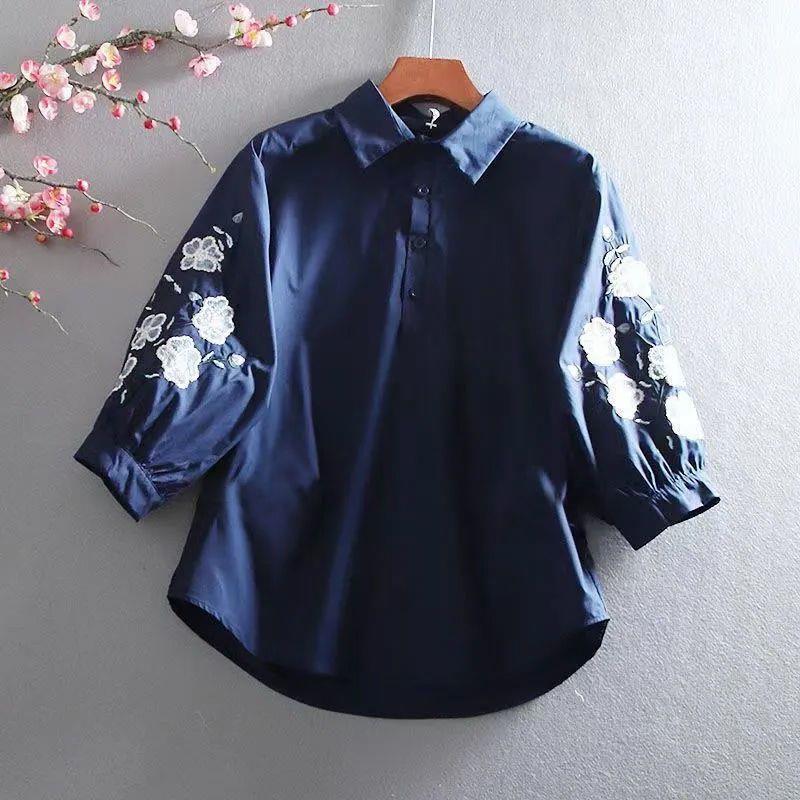 Vintage Lantern Sleeve Embroidery Loose Shirt