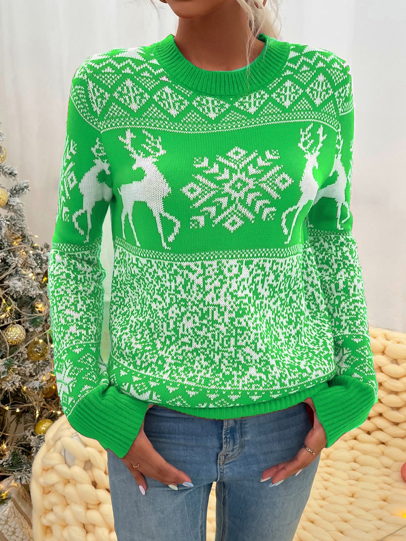 Christmas Woolen Round Neck Long-sleeved Sweater Women's Clothing