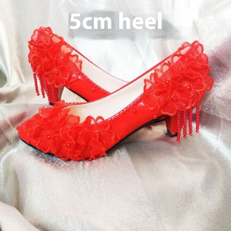 High-heeled Flower Rhinestone Tassel Bride Shoe