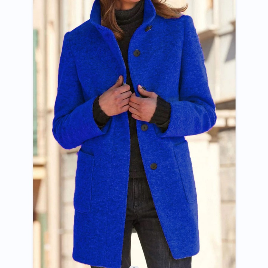 Stand Collar Woolen Coat With Pockets