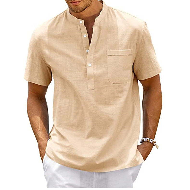 Men's Plus Size Solid Color Stand Up Collar Short Sleeved Shirt