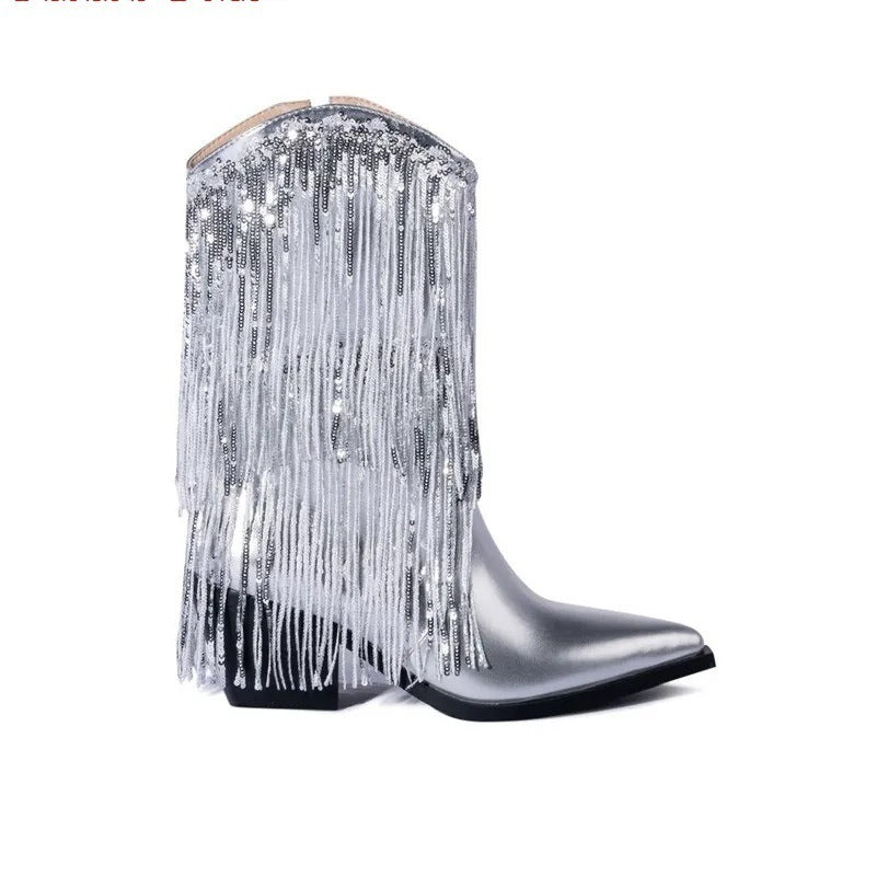 Cross-border I Chunky Heel Tassel Boots Women's Shoes