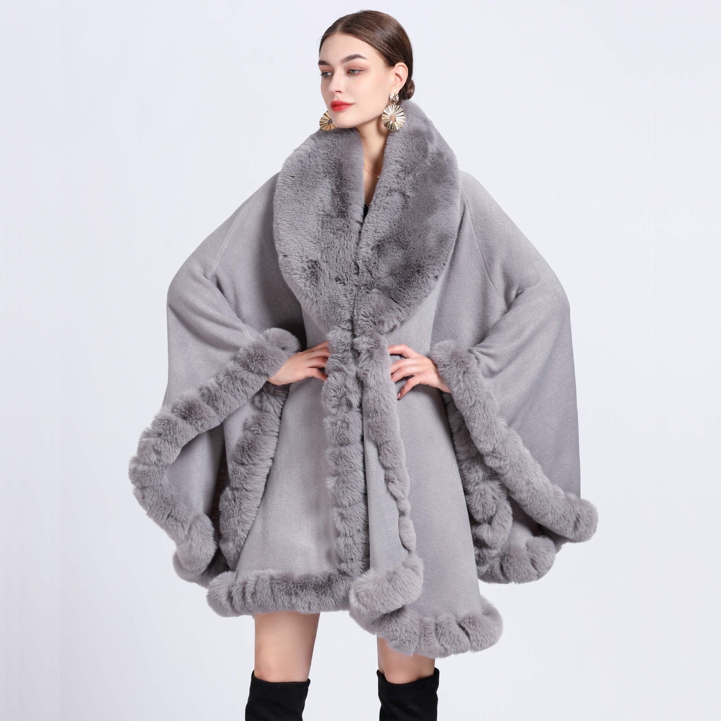 Fur Collar Shawl Cape Knitted Cardigan Baggy Coat