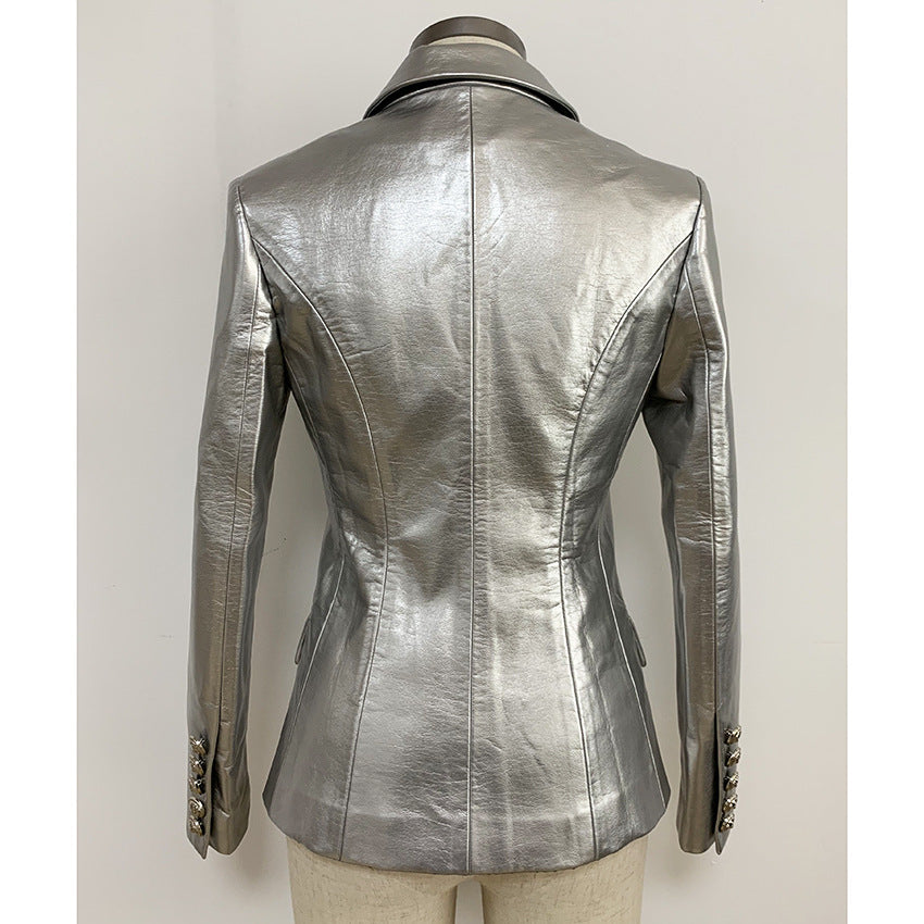 Double-breasted Shiny Silver Synthetic Leather Slim Suit Jacket