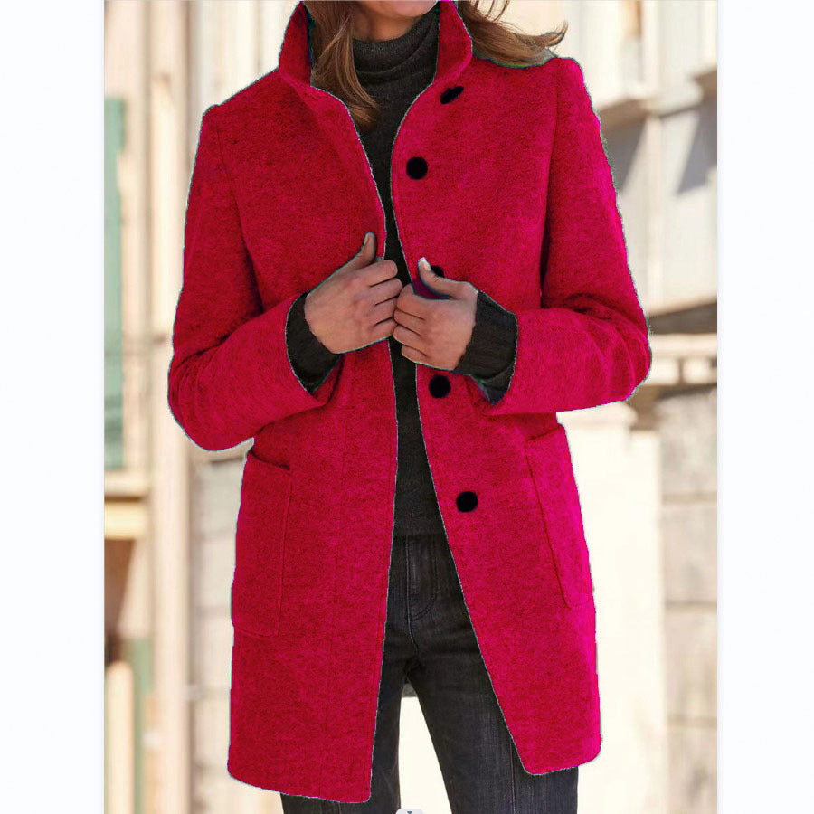 Stand Collar Woolen Coat With Pockets