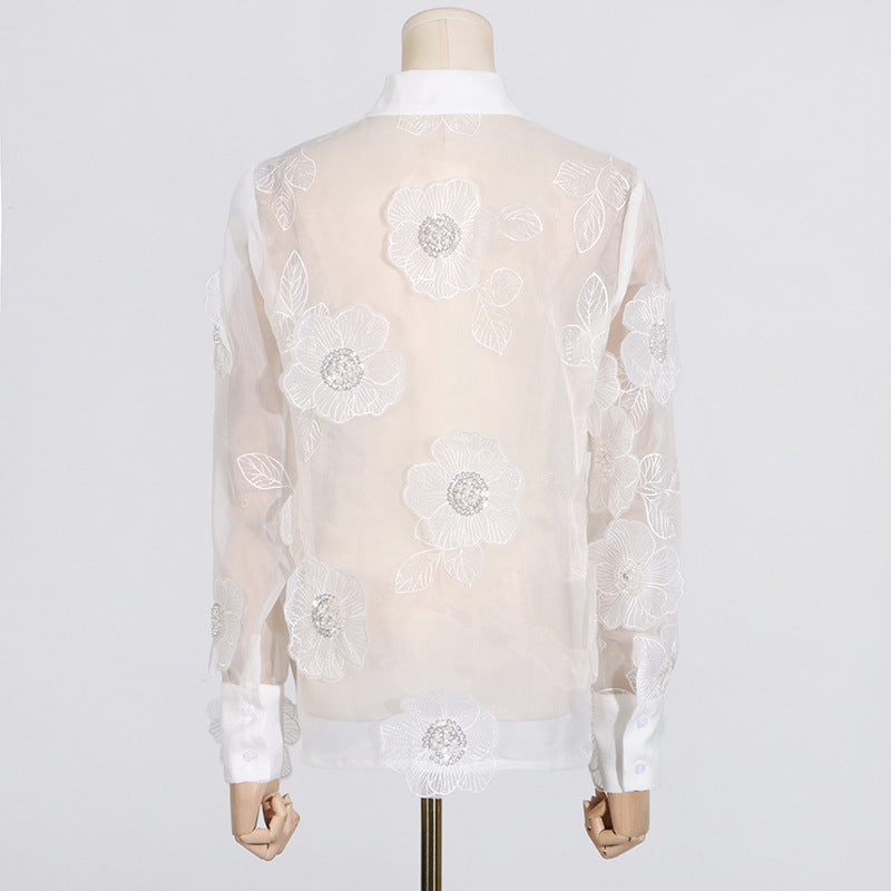 Organza Embroidery Three-dimensional Flowers Sequin Stitching  Women's Shirt