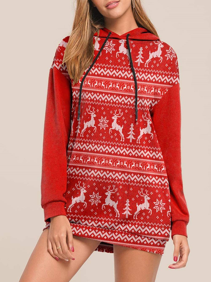 Christmas Elk Print Long-sleeved Hooded Sweater Women