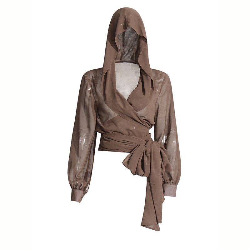 Cross V-neck Lace-up Waist-controlled Mesh See-through Hooded Top