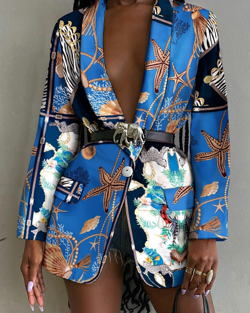 Fashion Printed Shawl Collar Single-breasted Belt Blazer Women