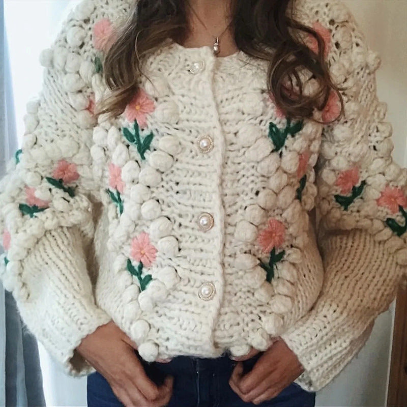 Handmade Crocheted Embroidery Twist Pearl Sweater Cardigan