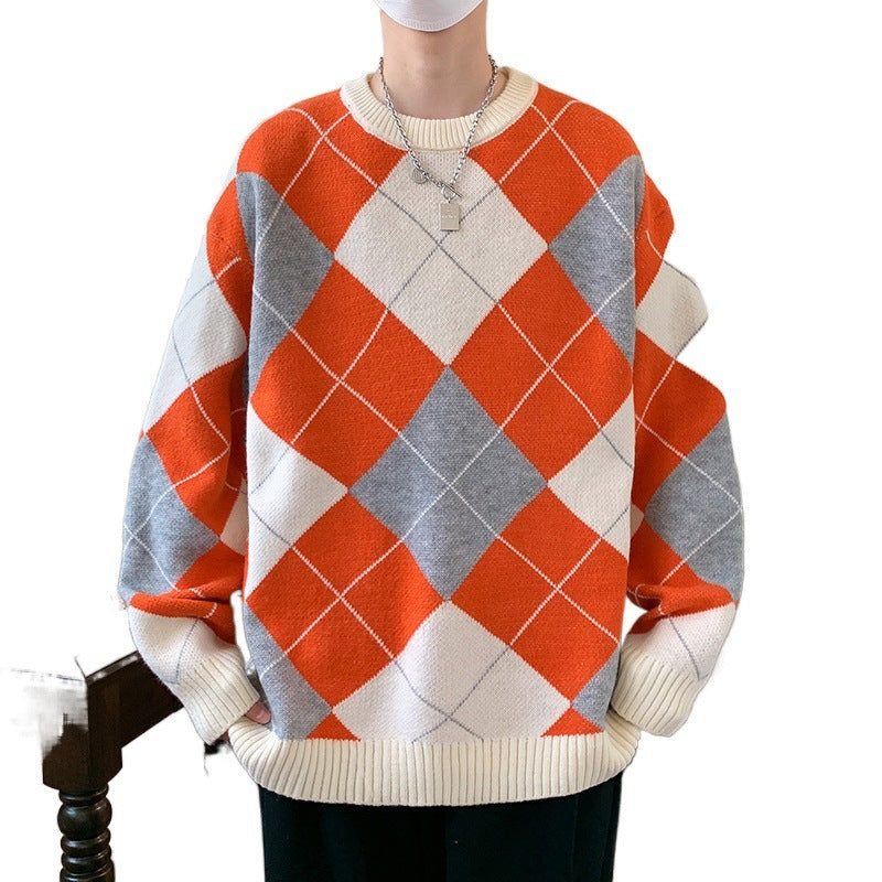 Rhombus Plaid Crew Neck Sweater