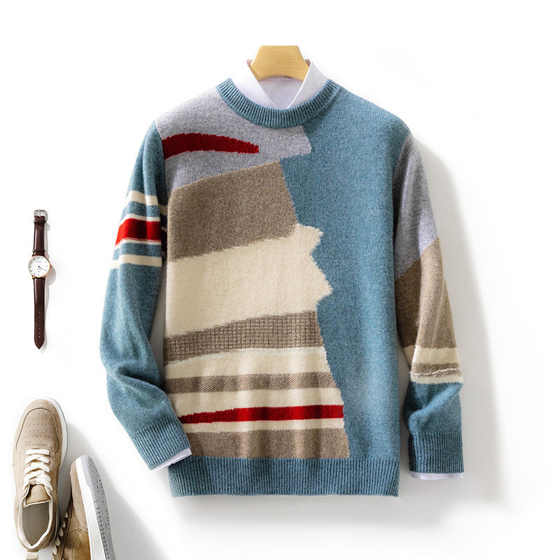 Men's Round Neck Contrast Color Style Woolen Sweater