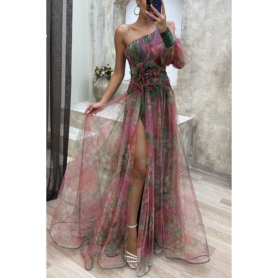 Mesh Tie-dye Printed Off-shoulder Slit Dress  Womens Clothing