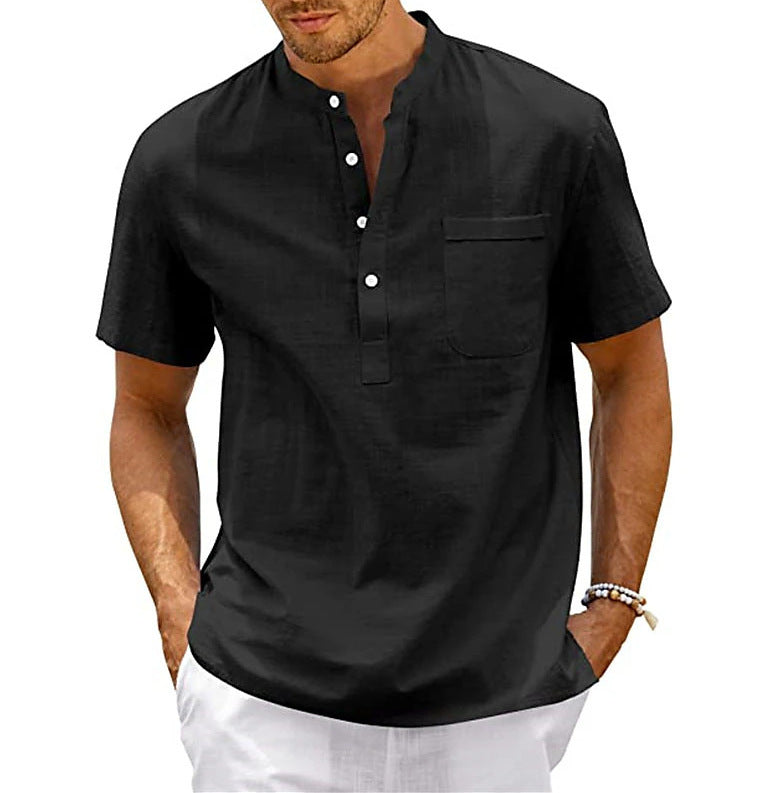 Men's Plus Size Solid Color Stand Up Collar Short Sleeved Shirt