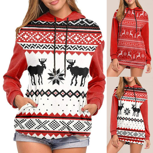 Christmas Elk Print Long-sleeved Hooded Sweater Women