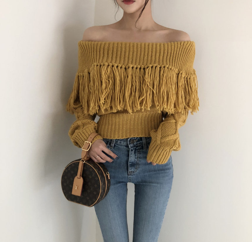 Fringed Off-shoulder One-neck Knitted Long-sleeved Sweater