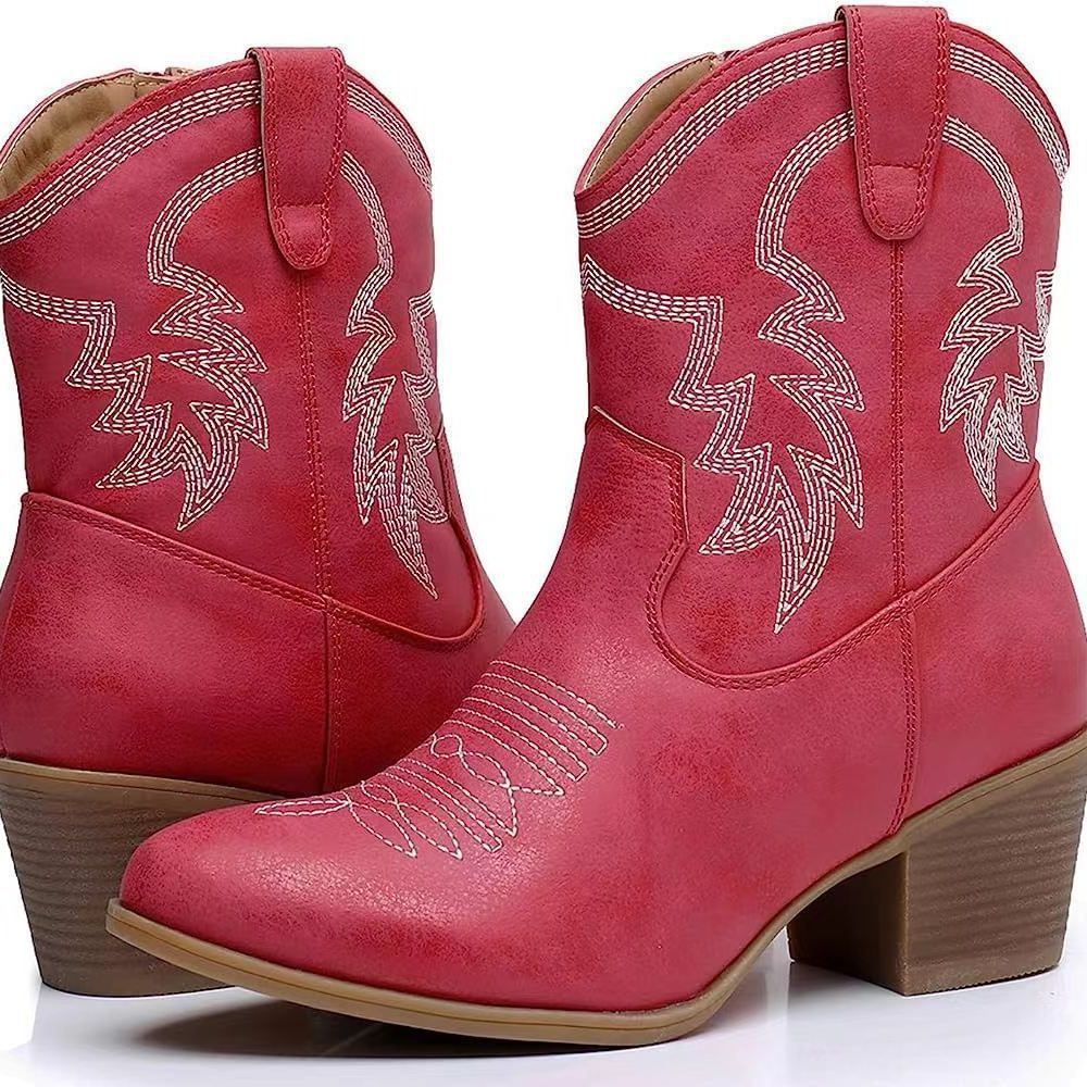 Retro Chunky Heel Side Zip Western Denim Boots