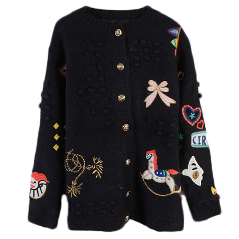 Women's Sweater Long Sleeve Cartoon Embroidered Loose Knit Cardigan