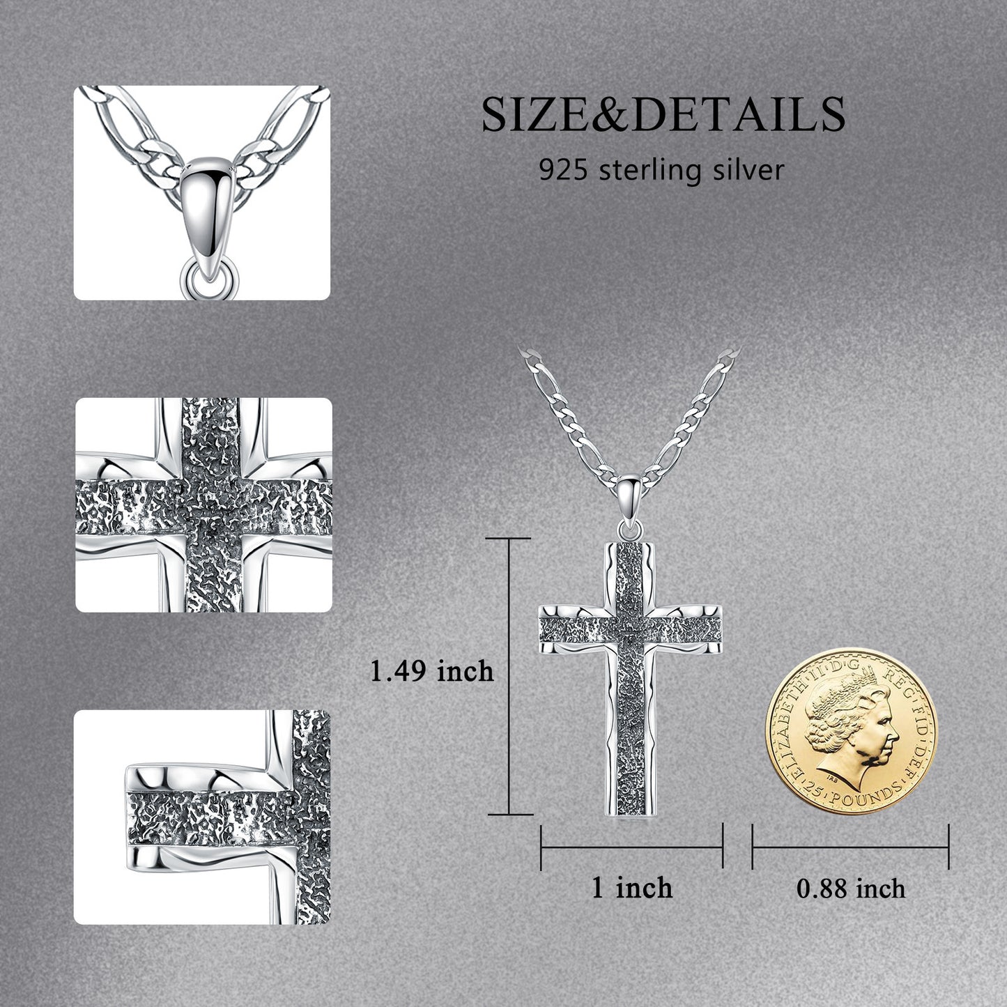 925 Sterling Silver Cross Pendant with Stainless Steel Figaro Chain