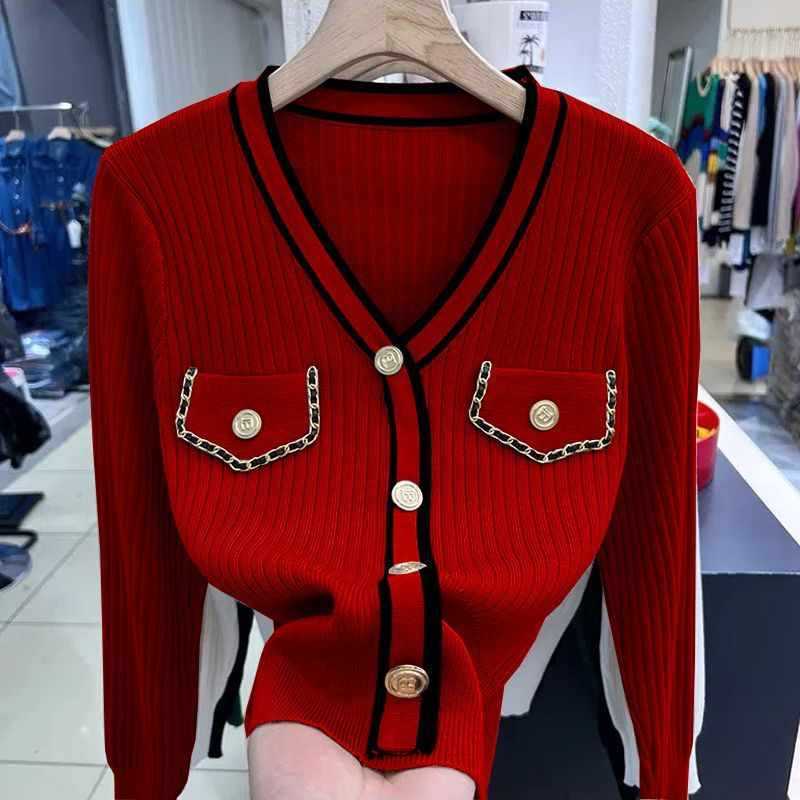 Classic Style V-neck Knitted Pullover Women Slim Fit Sweater