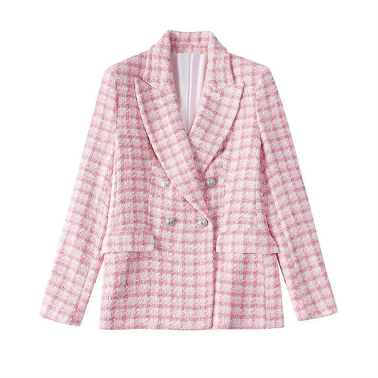 Women's Temperament Fashion Textured Check Double Breasted Blazer