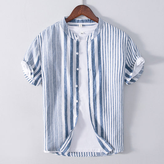 Men's Half Sleeve Striped Shirt Casual Linen Breathable Color Matching Short Sleeve Shirt Men