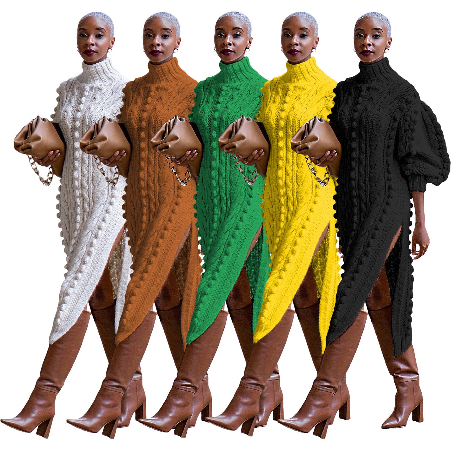 Women's Clothing Casual Turtleneck Slit Knitted Long Dress