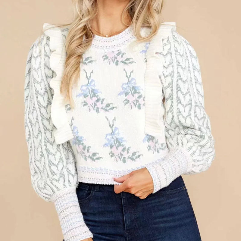 Women's Flower Ruffle Stitching Pullover Sweater