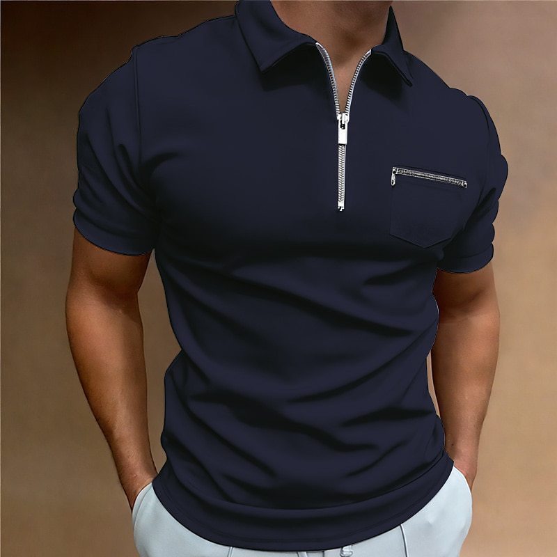 Summer Men's Solid Color Pocket Short Sleeve Lapel T-shirt