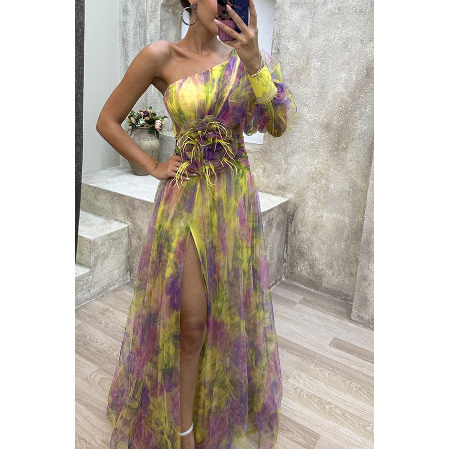 Mesh Tie-dye Printed Off-shoulder Slit Dress  Womens Clothing