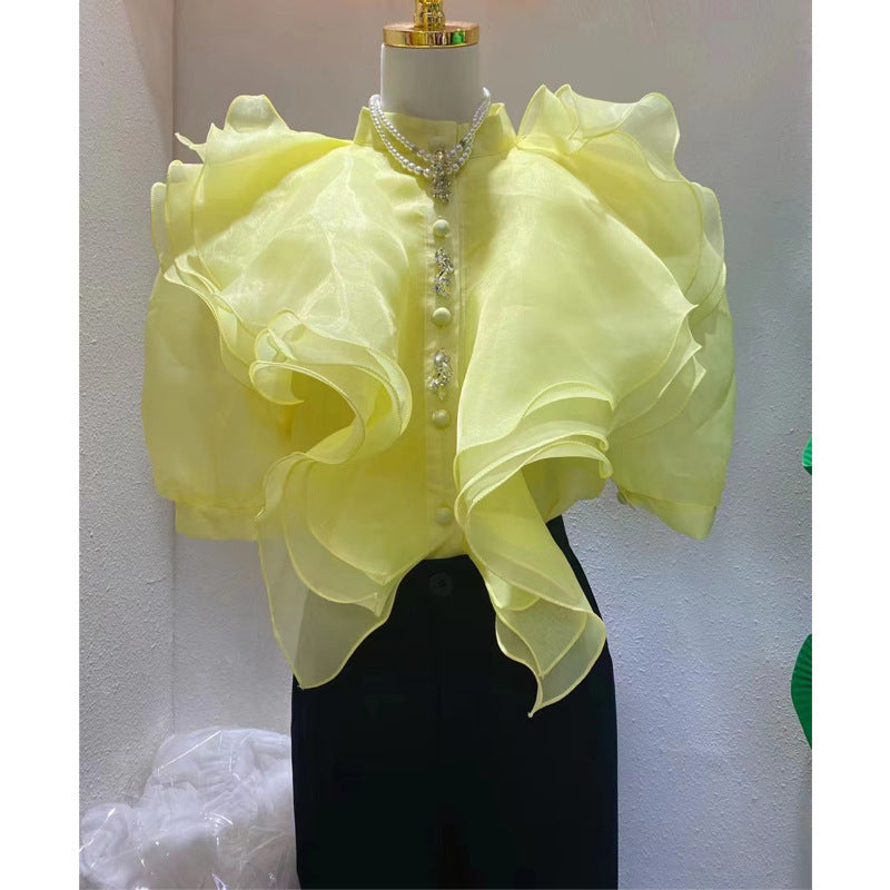 Ruffled Organza Shirt Women Puff Sleeve