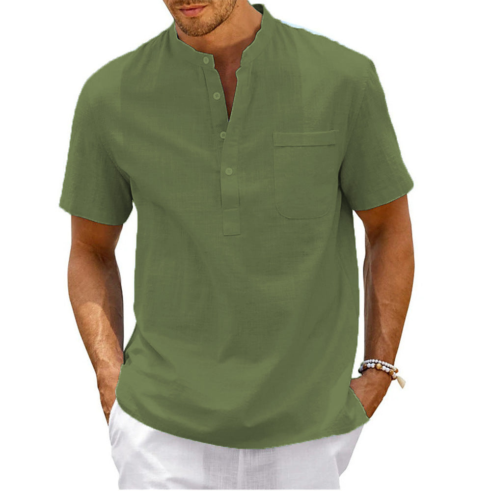 Men's Plus Size Solid Color Stand Up Collar Short Sleeved Shirt