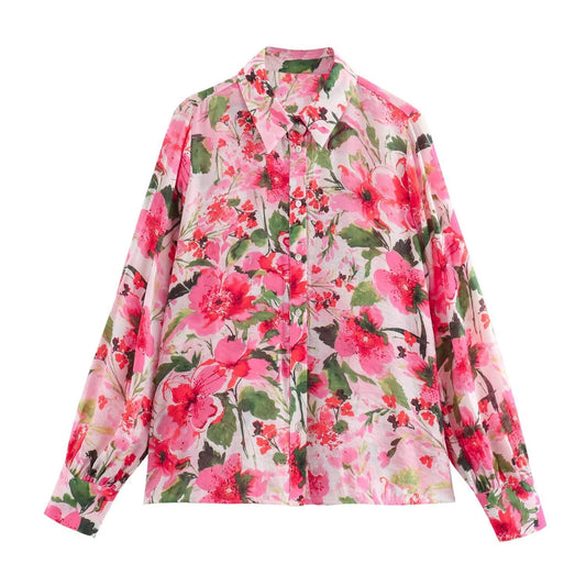 Women's Fashion Flower Print Long Sleeve Loose Casual Shirt