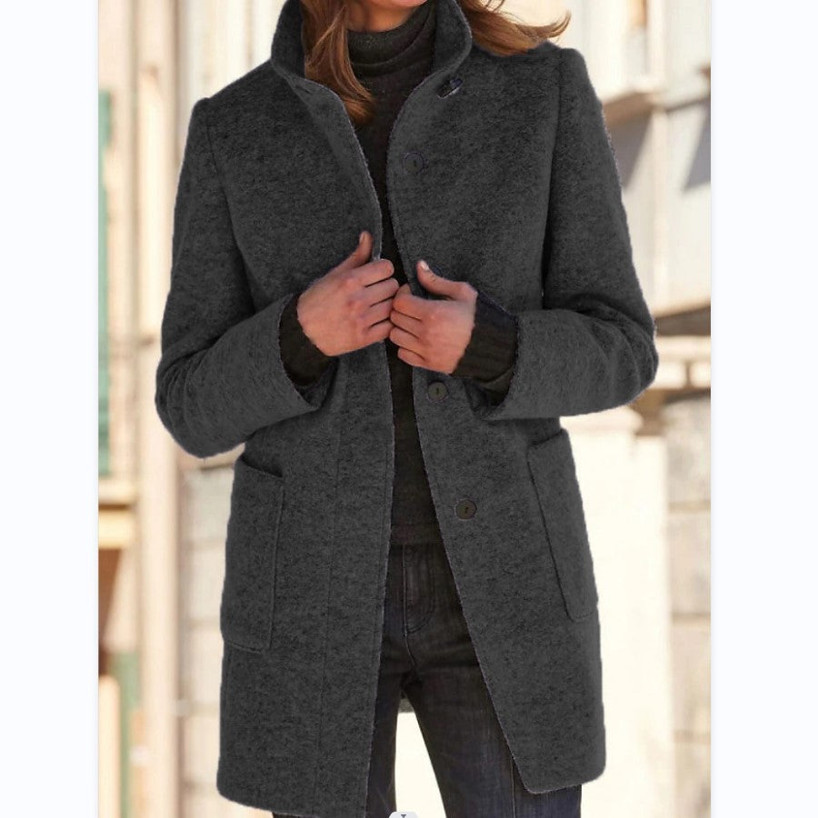 Stand Collar Woolen Coat With Pockets