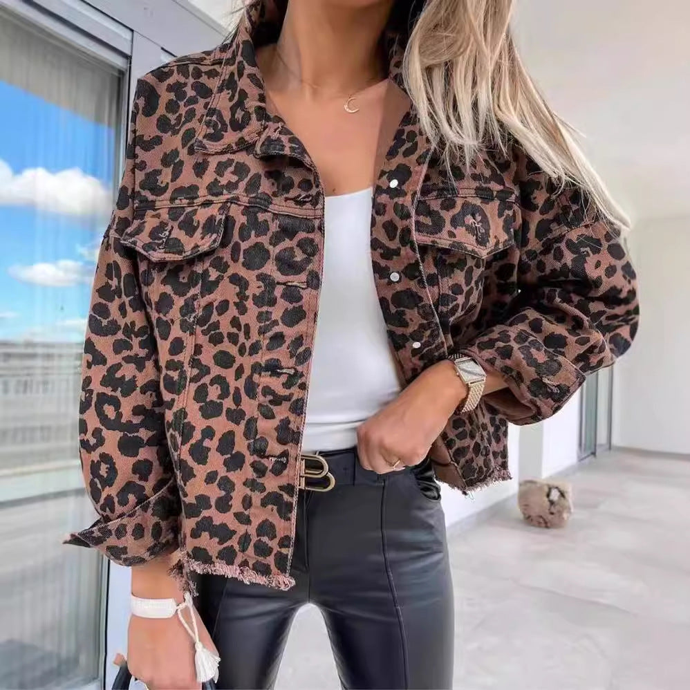 Women's Leopard Print Jacket  Denim Overcoat