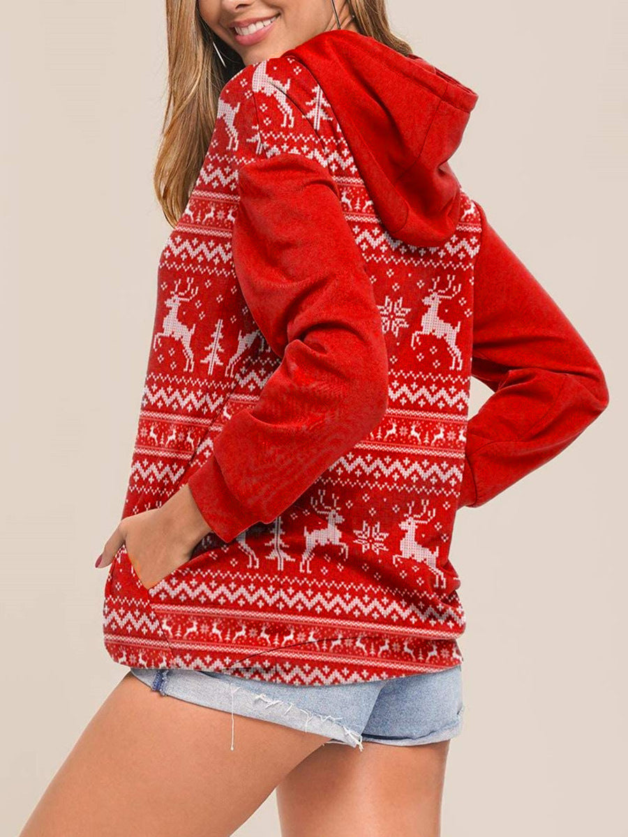 Christmas Elk Print Long-sleeved Hooded Sweater Women