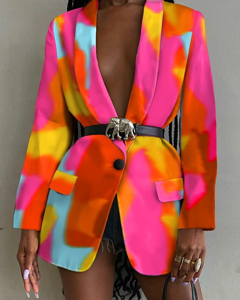 Fashion Printed Shawl Collar Single-breasted Belt Blazer Women