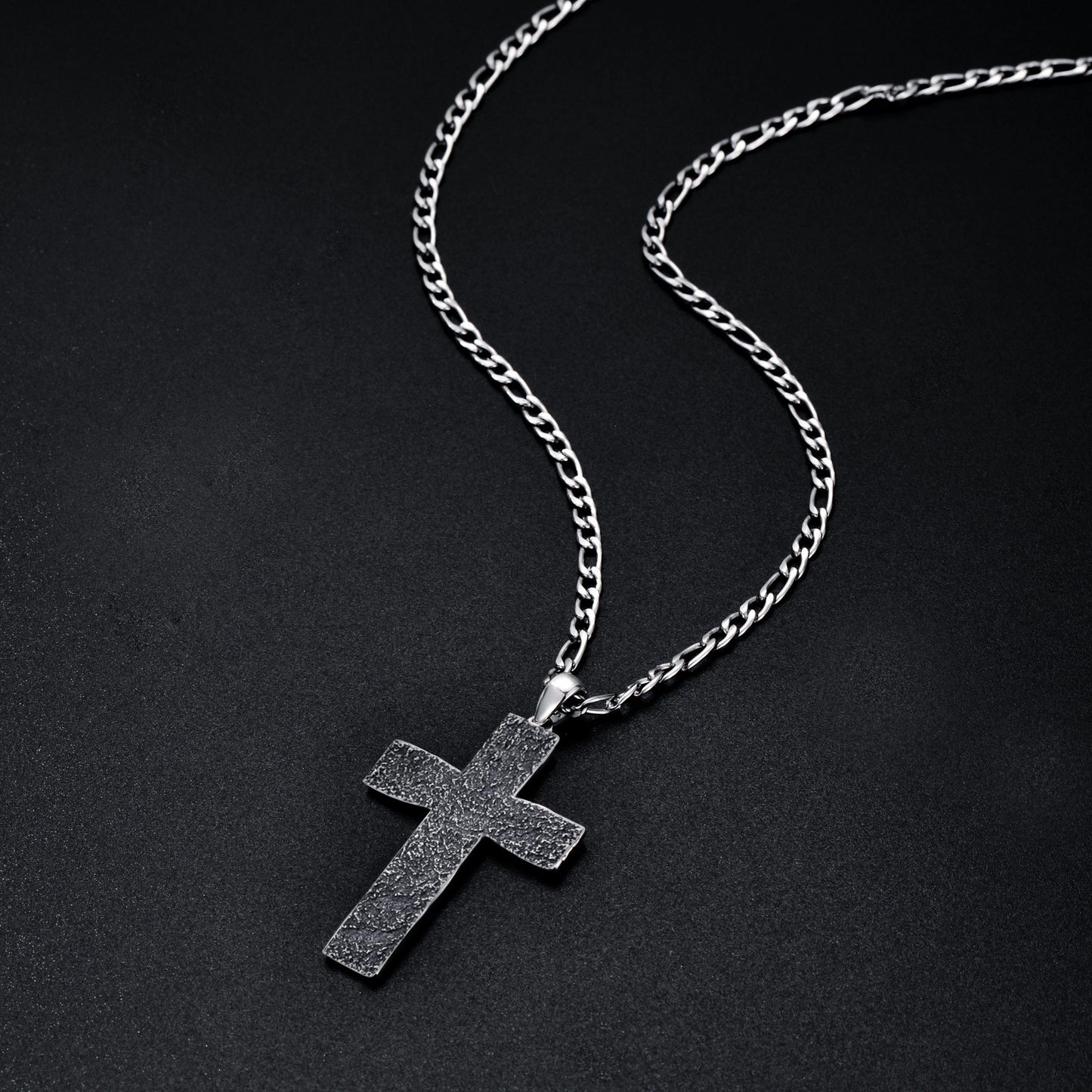 925 Sterling Silver Cross Pendant with Stainless Steel Figaro Chain