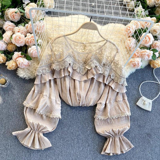 Stitching Lace Ruffled Puff Sleeve Chiffon Shirt