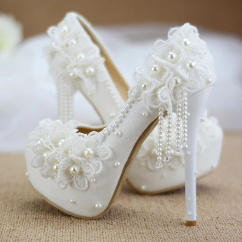 High-heeled Flower Rhinestone Tassel Bride Shoe