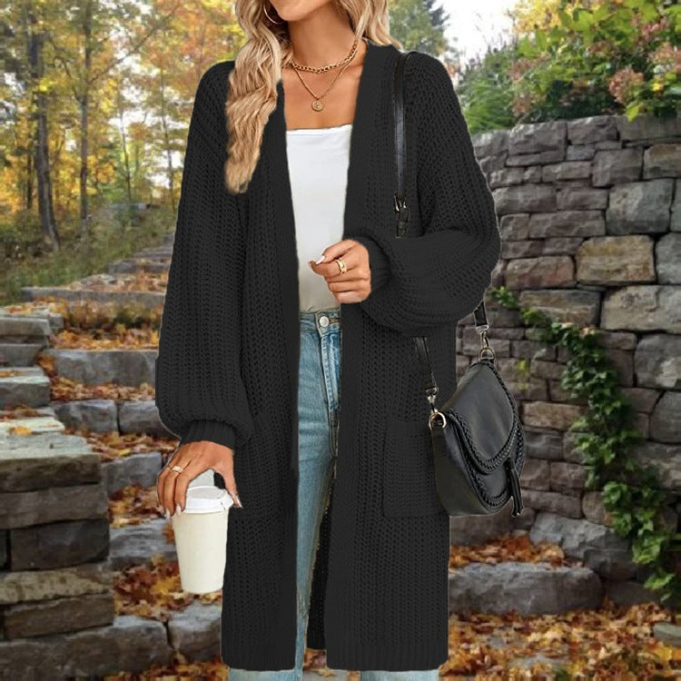 Loose Lantern Sleeve Sweater Women's Cardigan Mid-length Autumn And Winter