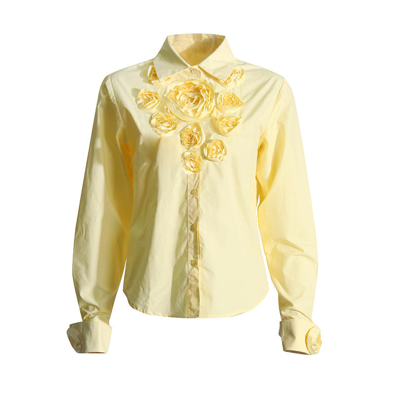 Women's Stitching Flower Decoration Polo Collar Top