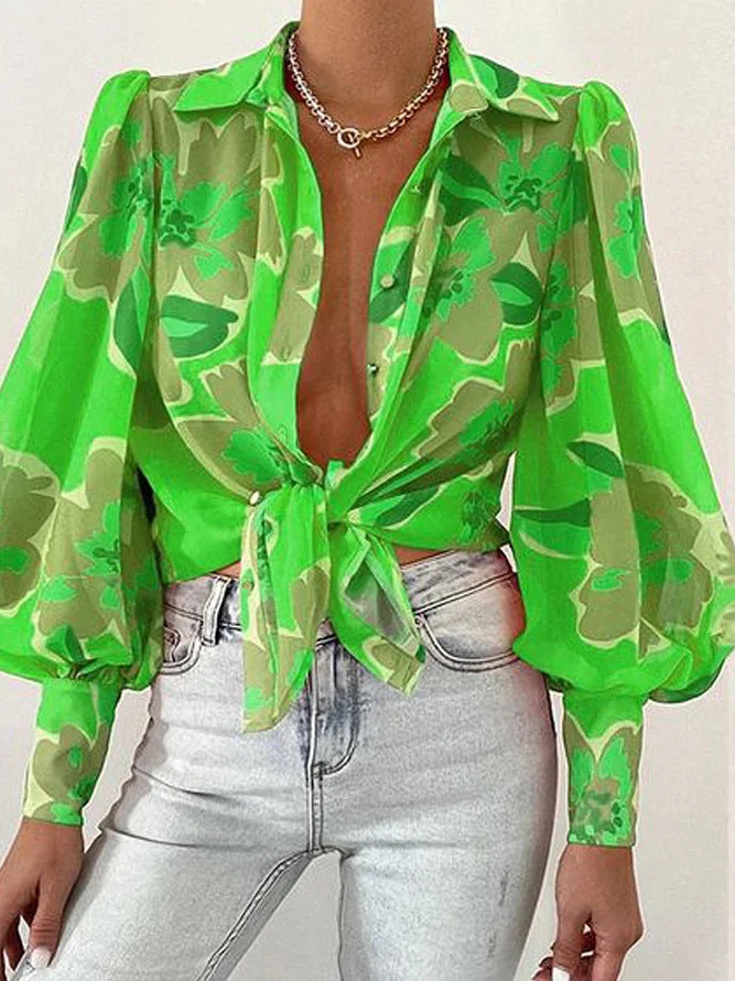 Women's Summer Printed Lantern Sleeve Shirt