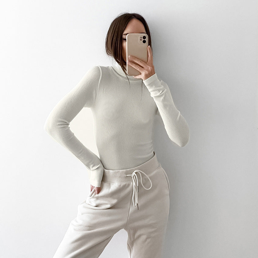 Women's White High Neck Slim Knit Base Sweater