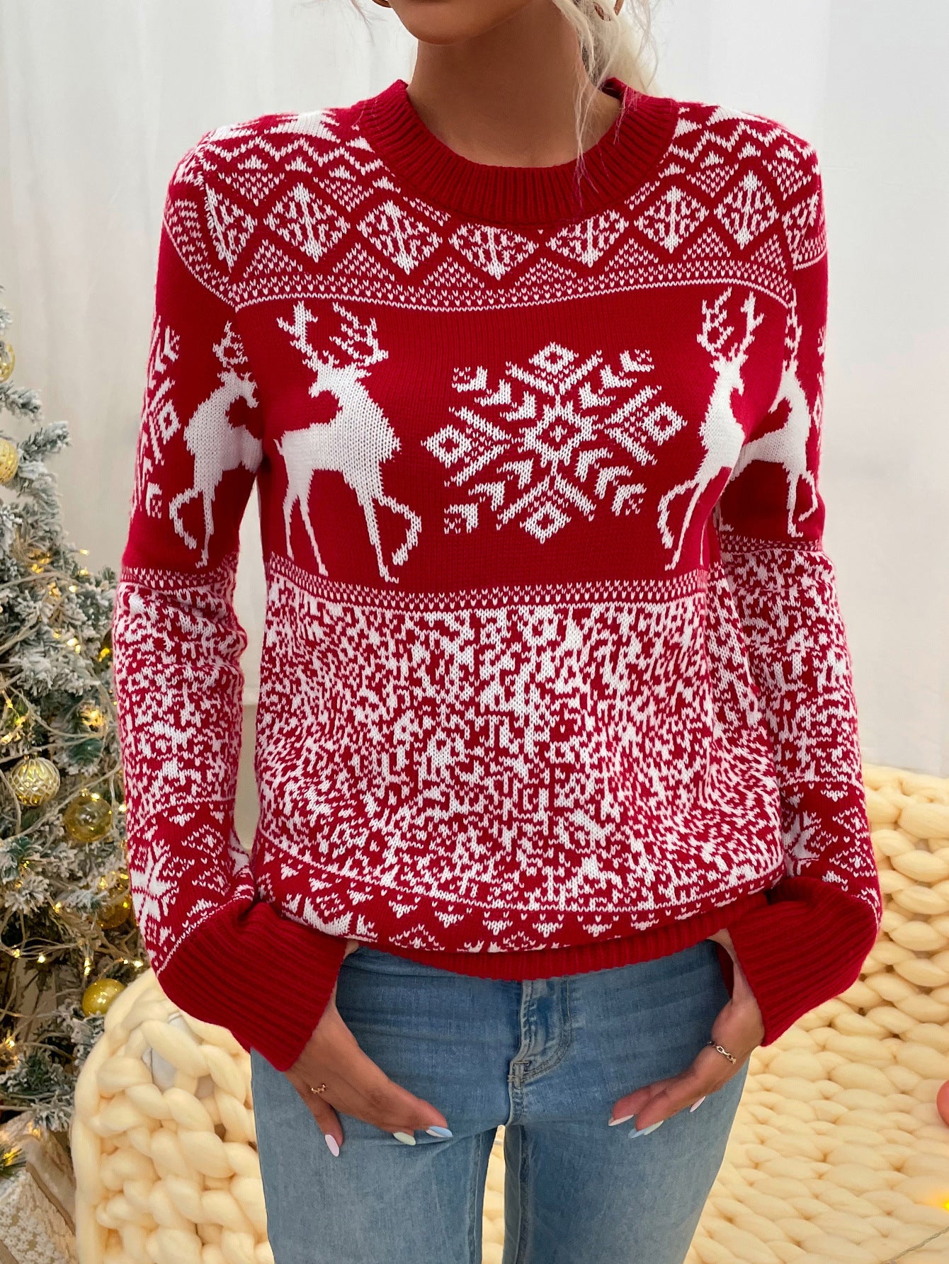 Christmas Woolen Round Neck Long-sleeved Sweater Women's Clothing