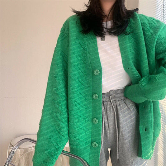 Stereoscopic V Neck Sweater Coat Women Long Loose