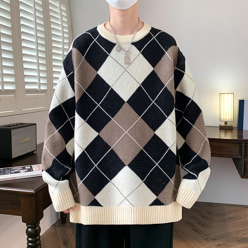 Rhombus Plaid Crew Neck Sweater