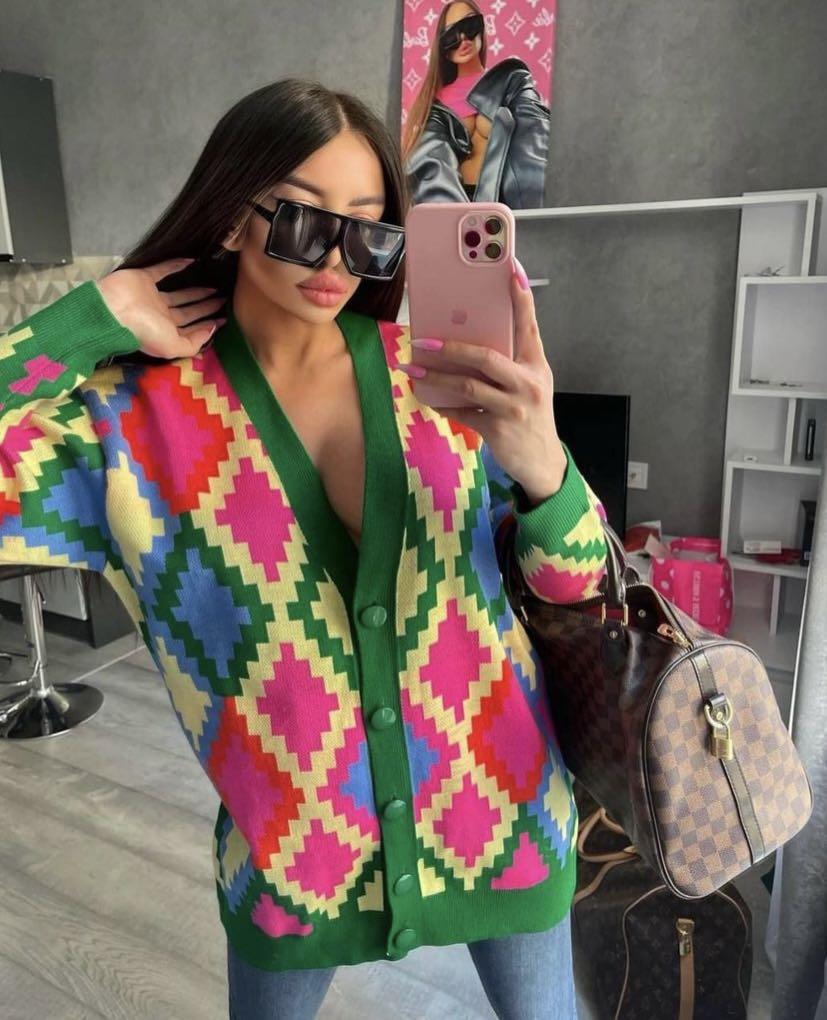 Knitted Geometric Cardigan For Women