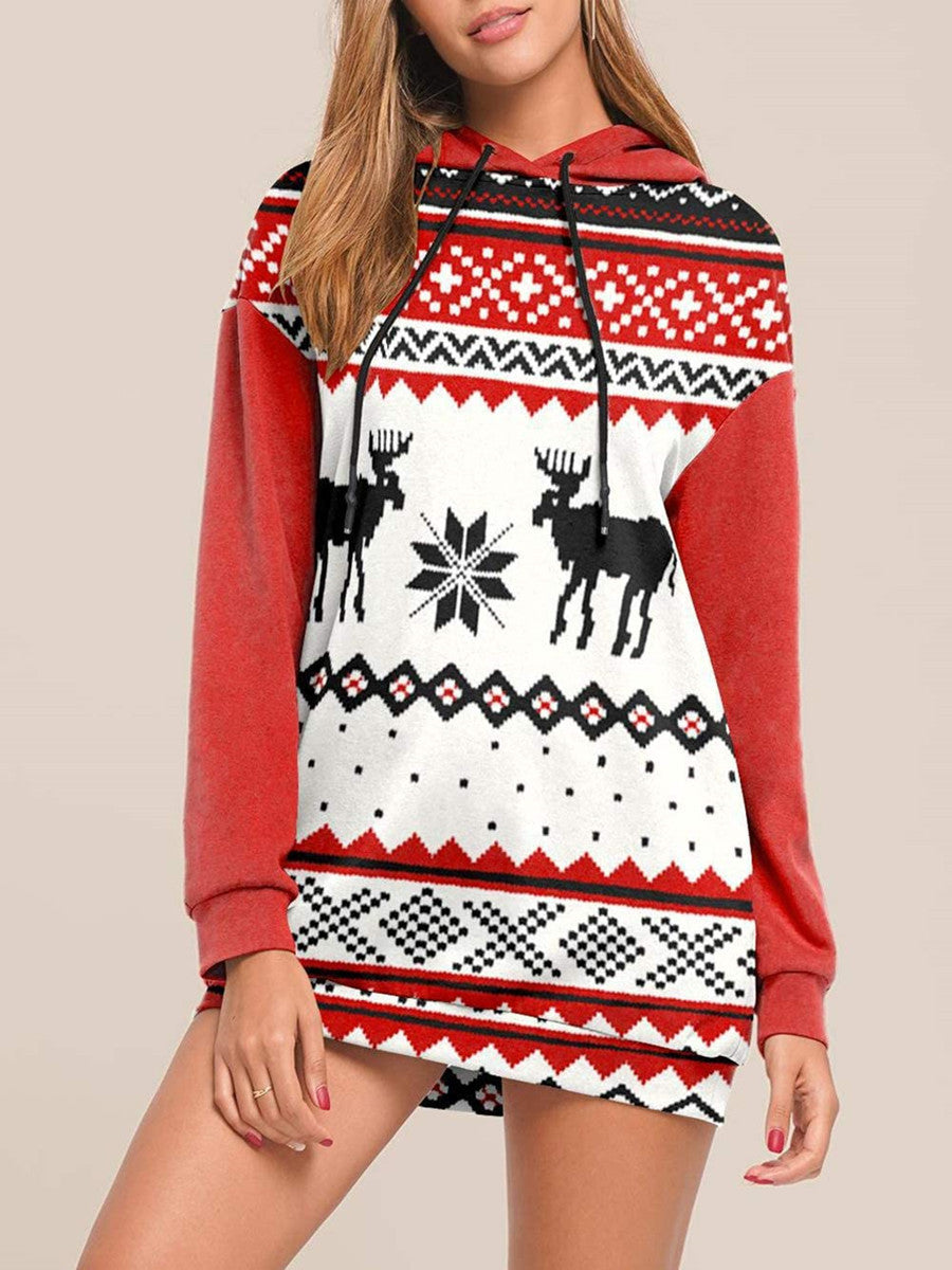 Christmas Elk Print Long-sleeved Hooded Sweater Women