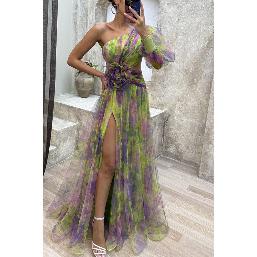 Mesh Tie-dye Printed Off-shoulder Slit Dress  Womens Clothing